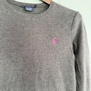 Ralph Lauren Sport Womens Medium Gray Long Sleeve Cotton T-Shirt Pink Pony Logo